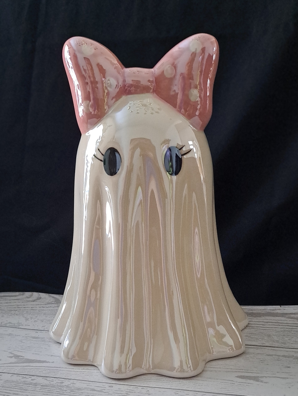Ceramic Ghost Figurine with Pink Bow